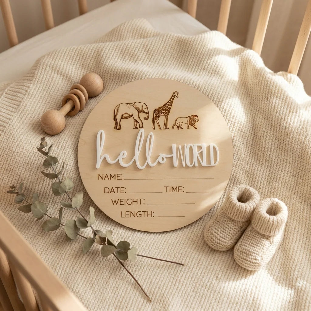 Timber Tinkers ‘Hello World’ Safari Animals Birth Announcement Disc