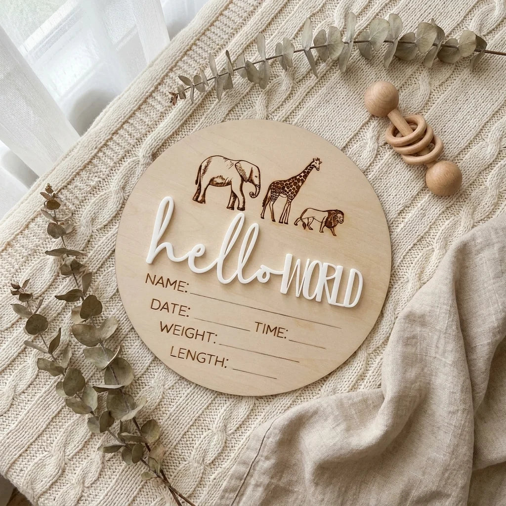 Timber Tinkers ‘Hello World’ Safari Animals Birth Announcement Disc