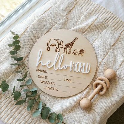 Timber Tinkers ‘Hello World’ Safari Animals Birth Announcement Disc