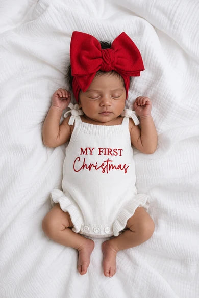 Petite + Co Frill Tie Romper ‘My First Christmas’ Milk