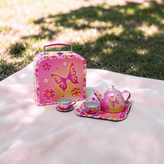 Pink Poppy Butterfly Vacation 7 Piece Tin Tea Set in Carry Case