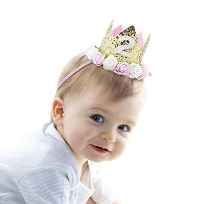 2nd Birthday Crown Hat Pink with Flowers