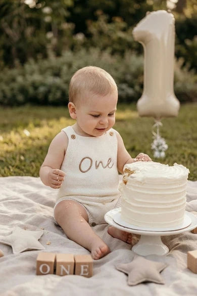 Petite + Co ‘One’ First Birthday Singlet Romper Milk