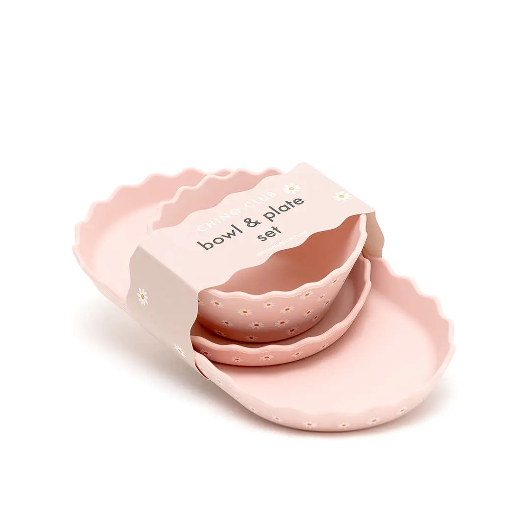 Chino Club Pink Daisy Silicone Bowl & Plate 3 Piece Set