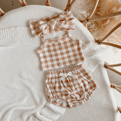 Blossom & Pear Caramel Gingham Crop Top