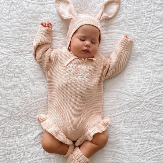 Blossom & Pear 'My First Easter' Long Sleeve Frill Knit Romper Pink Lemonade PREORDER