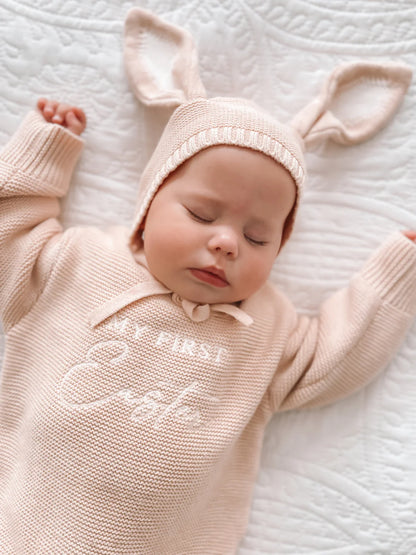 Blossom & Pear 'My First Easter' Long Sleeve Frill Knit Romper Pink Lemonade