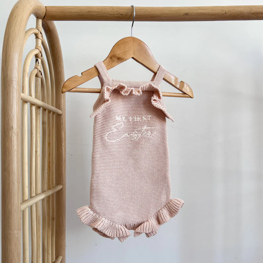 Blossom & Pear 'My First Easter' Singlet Knit Frill Romper Pink Lemonade PREORDER