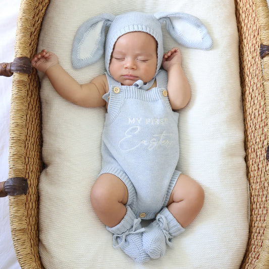 Blossom & Pear 'My First Easter' Singlet Knit Frill Romper Powder Blue PREORDER