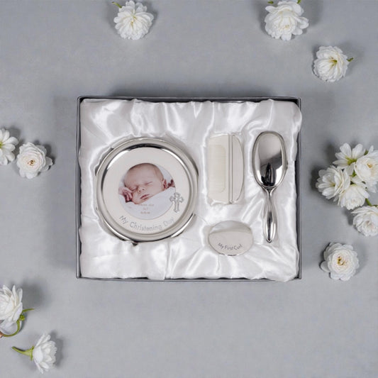 Russell Collection Christening Day Set With Frame, Brush, Comb & Curl Box