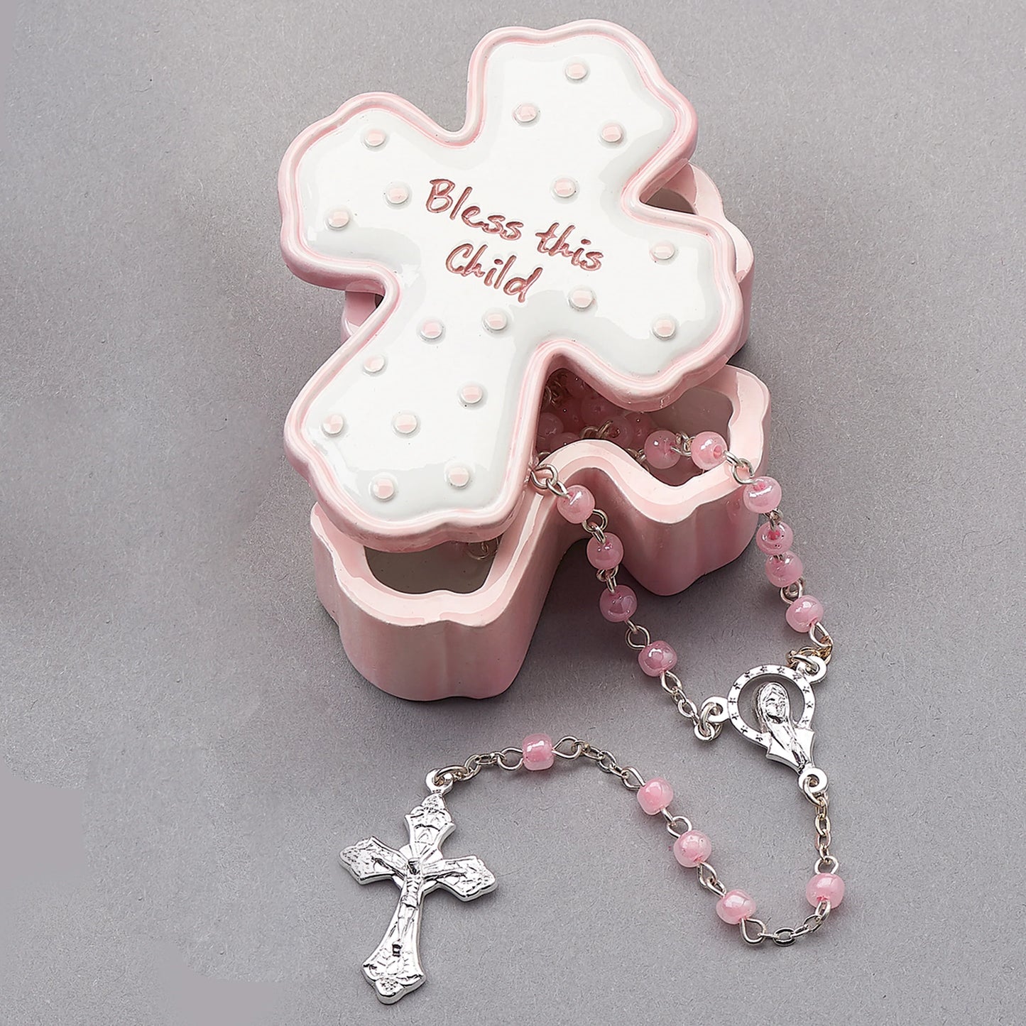 Bless This Child Trinket Box With Rosary Pink