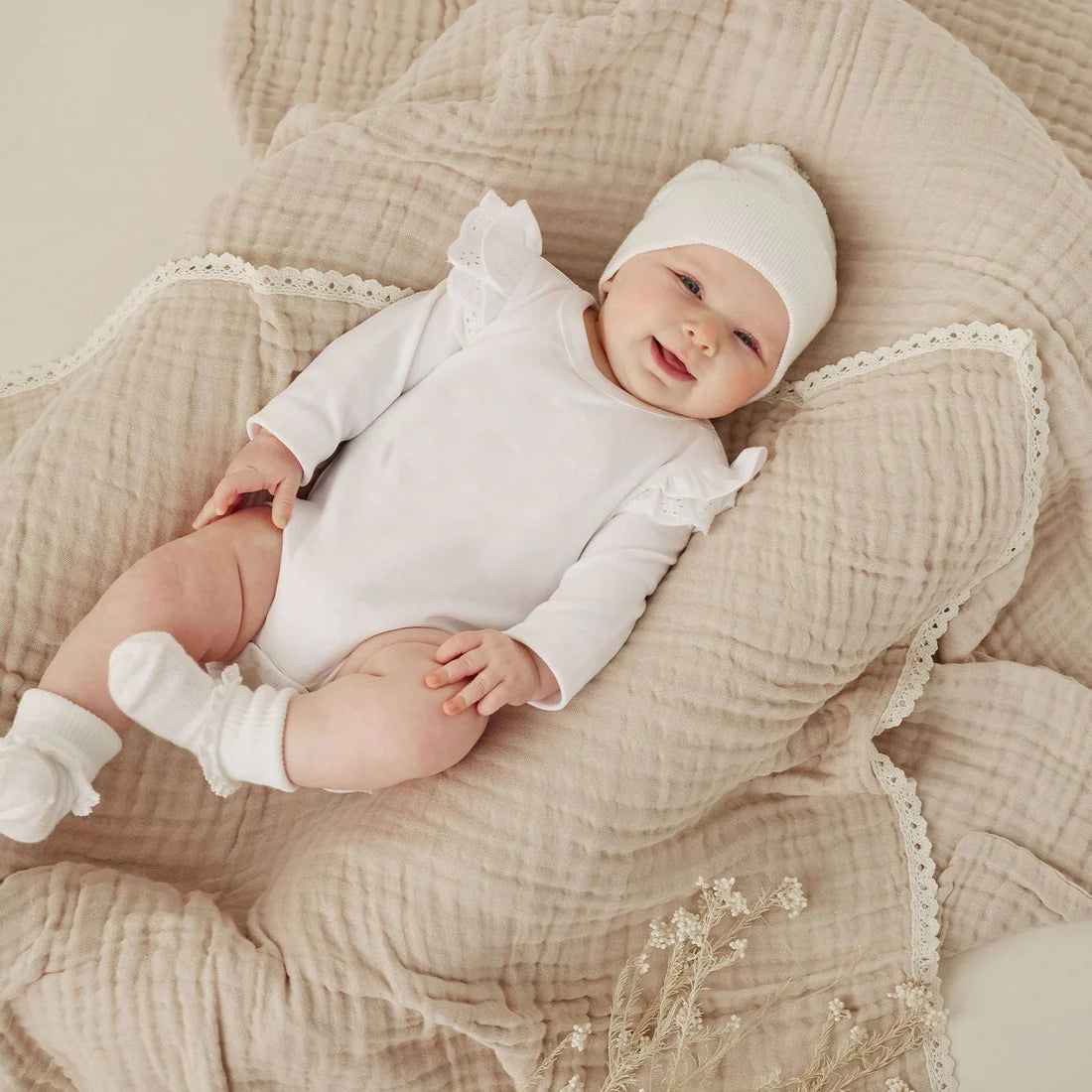 Aster & Oak Sand Muslin Lace Blanket