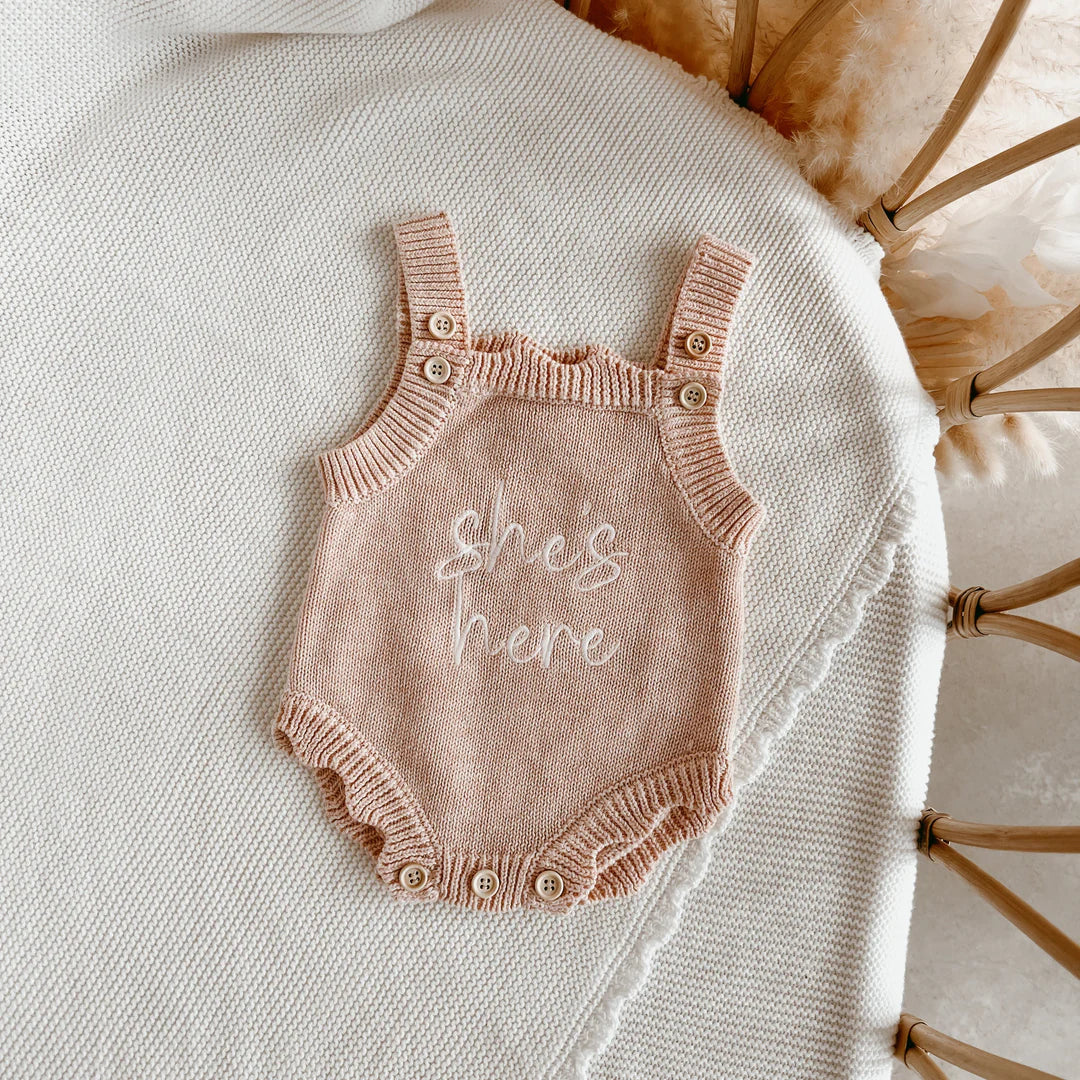 Blossom & Pear 'She's Here' Singlet Mini Knit Romper Pink Lemonade