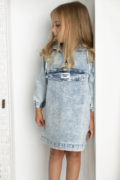 Cracked Soda Willow Detailed Denim Dress Blue