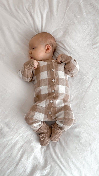 Petite + Co Gingham Romper Teddy Brown