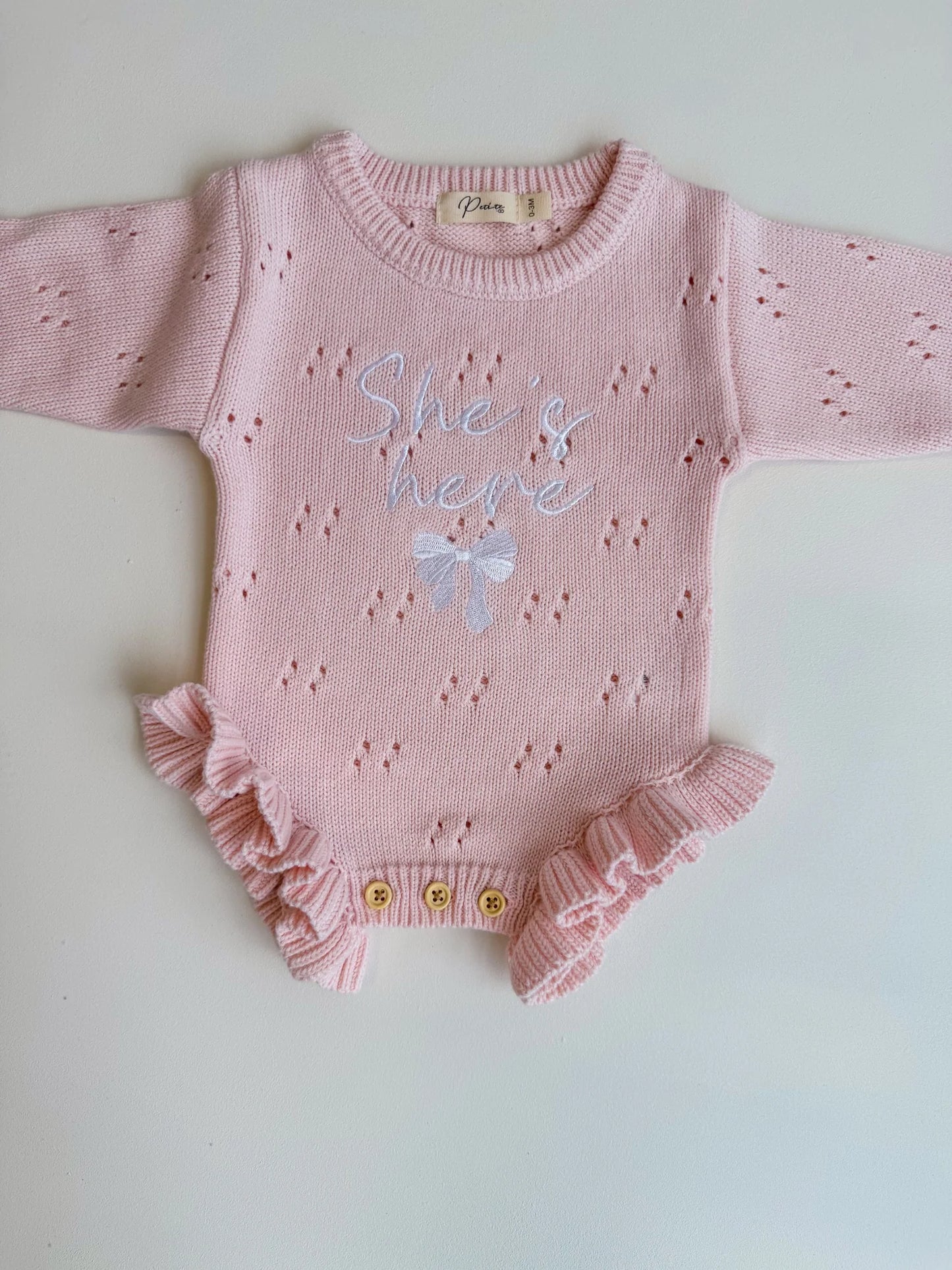 Petite + Co ‘She’s Here’ Pointelle Frill Romper Baby Pink