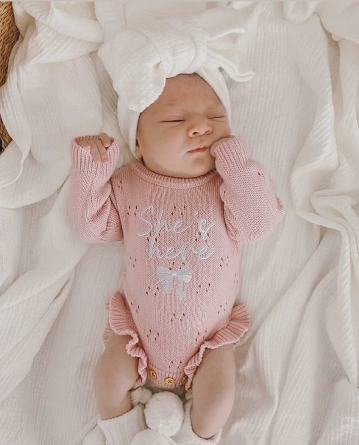 Petite + Co ‘She’s Here’ Pointelle Frill Romper Baby Pink