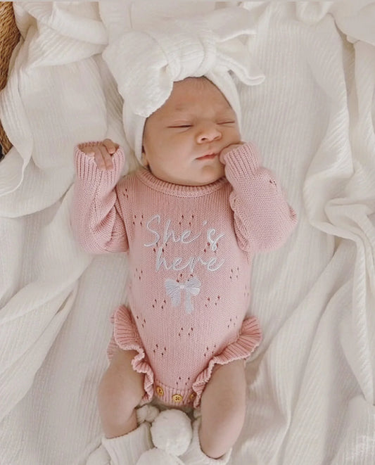 Petite + Co ‘She’s Here’ Pointelle Frill Romper Baby Pink