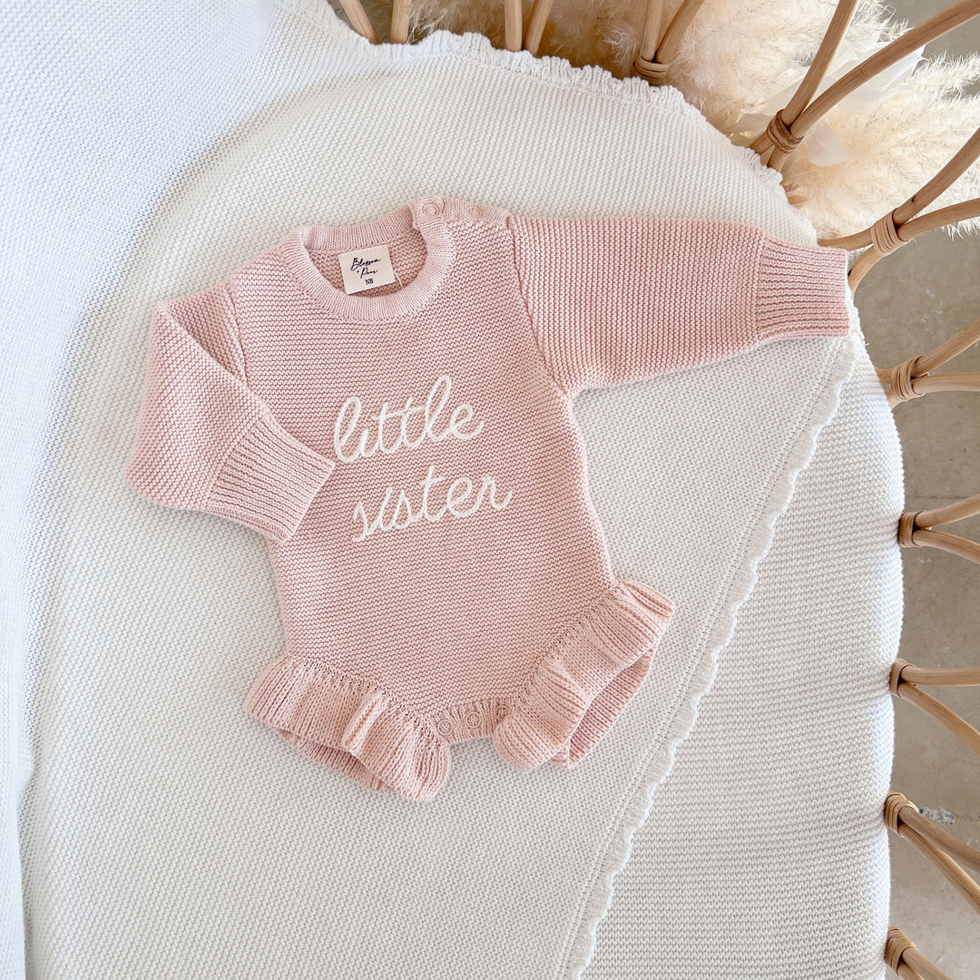 Blossom & Pear 'Little Sister' Long Sleeve Frill Leg Knit Romper Pink Lemonade