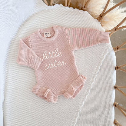 Blossom & Pear 'Little Sister' Long Sleeve Frill Leg Knit Romper Pink Lemonade