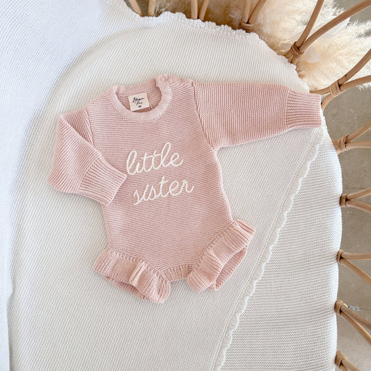 Blossom & Pear 'Little Sister' Long Sleeve Frill Leg Knit Romper Pink Lemonade