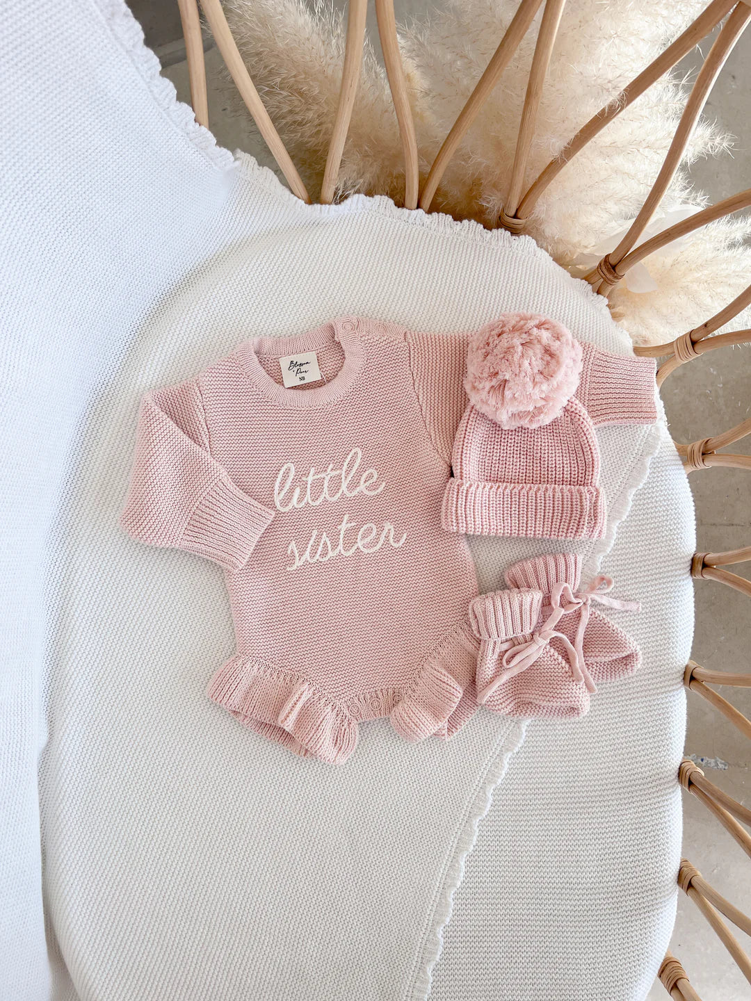 Blossom & Pear 'Little Sister' Long Sleeve Frill Leg Knit Romper Pink Lemonade