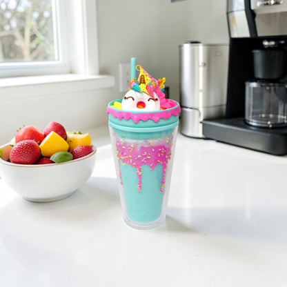 Pink Poppy Unicorn Donut Drinking Cup Blue