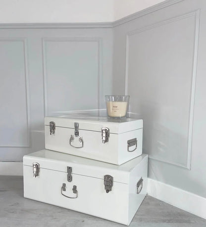 BabyBoo Prints Small Metal Storage Trunk White with Silver Hardware
