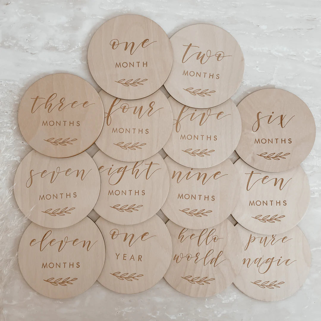 Blossom & Pear Etched Wooden Baby Milestone Cards Set of 14 Leaf