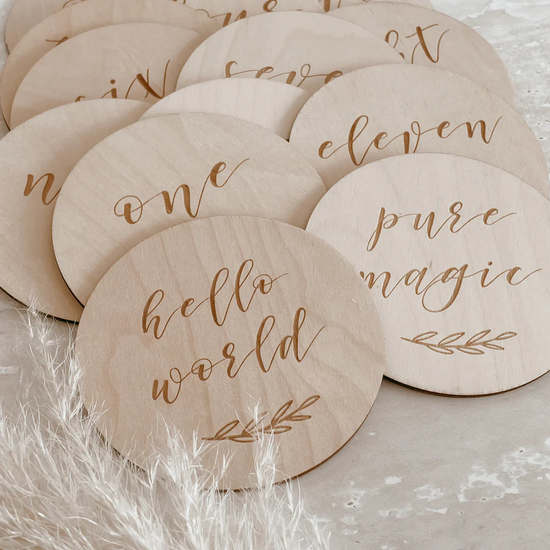 Blossom & Pear Etched Wooden Baby Milestone Cards Set of 14 Leaf