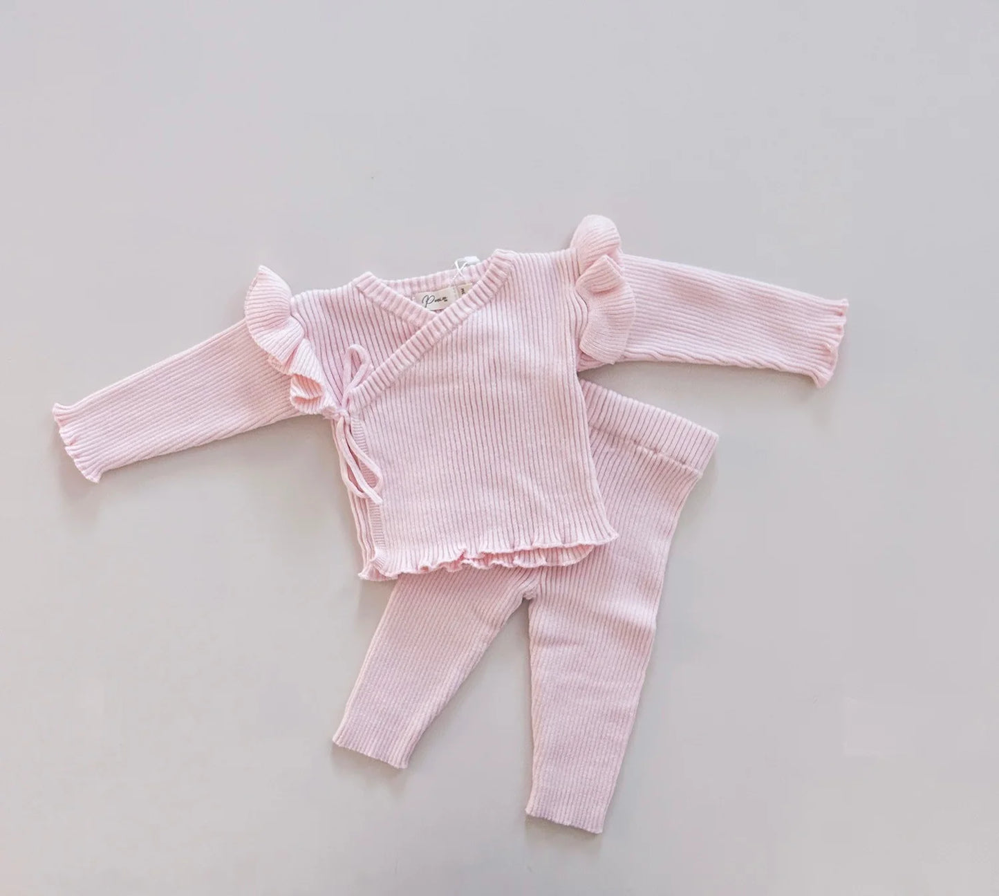 Petite + Co Ribbed Ruffle Kimono Set Pink