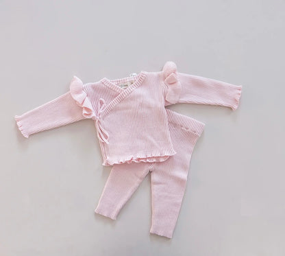 Petite + Co Ribbed Ruffle Kimono Set Pink