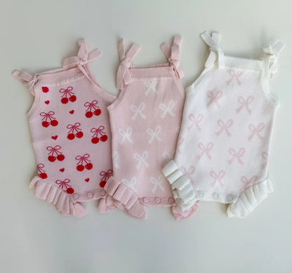 Petite + Co Summer Cherry Heart Bow Frill Romper