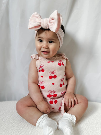 Petite + Co Summer Cherry Heart Bow Frill Romper