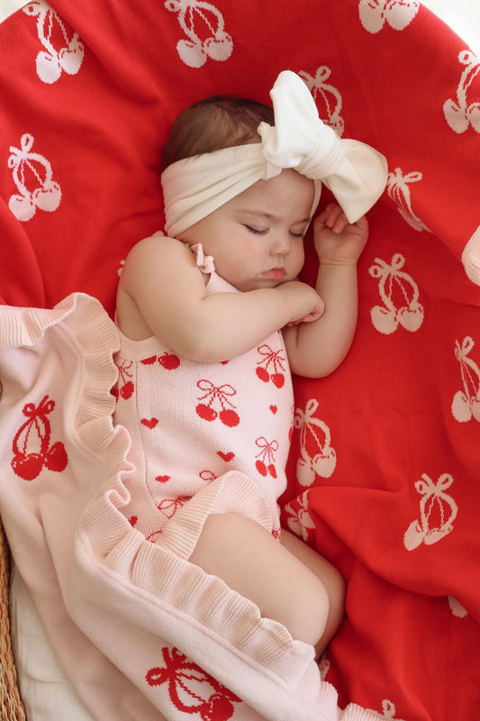 Petite + Co Summer Cherry Heart Bow Frill Romper