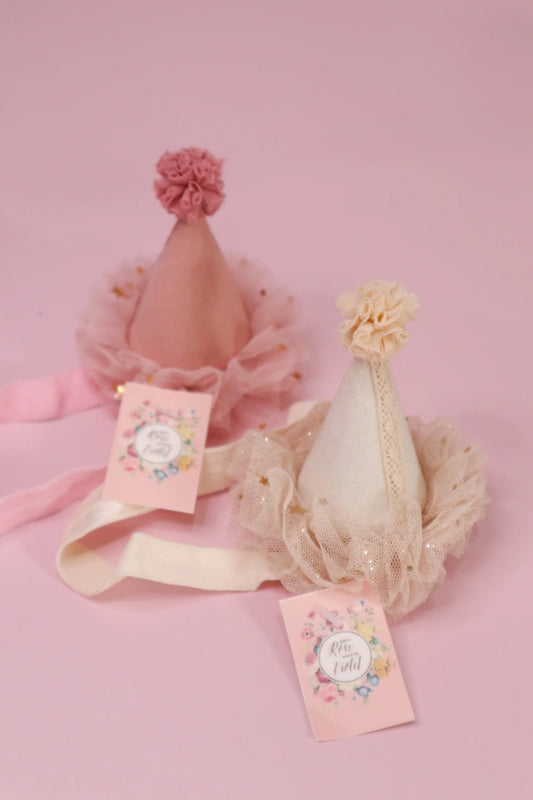 Miss Rose Sister Violet 
Whimsical Party Hat Baby Headband – Cream or Pink