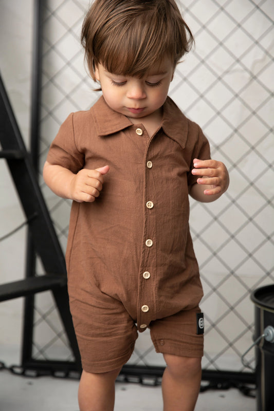Cracked Soda Dash Linen Romper Mocha