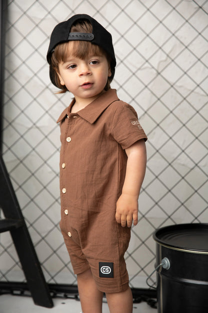 Cracked Soda Dash Linen Romper Mocha