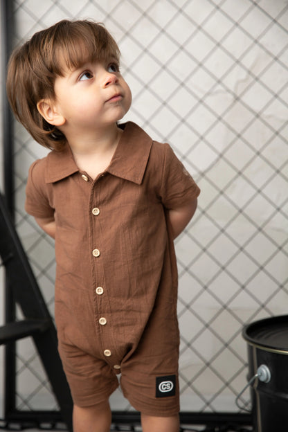 Cracked Soda Dash Linen Romper Mocha