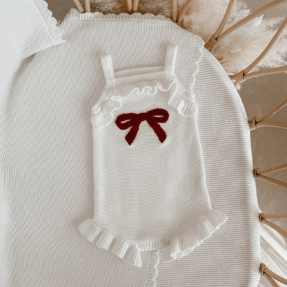 Blossom & Pear Red Bow Singlet Frill Knit Romper