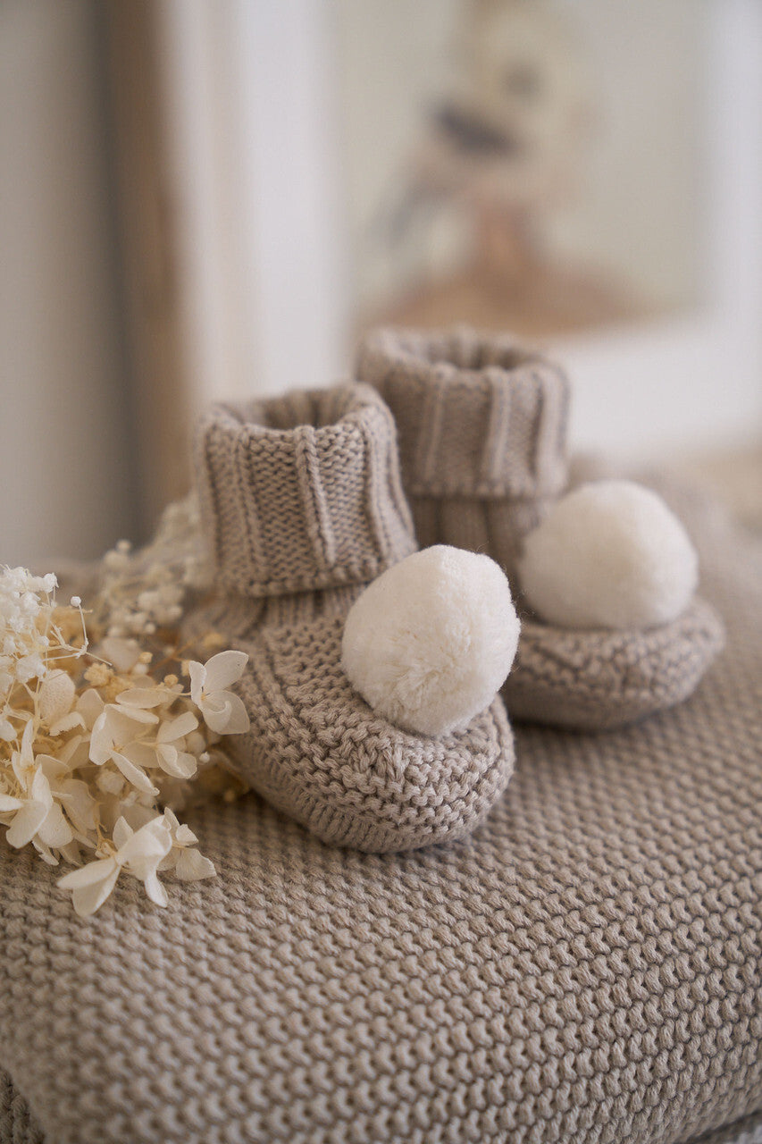 Alimrose Pom Pom Baby Socks Booties Latte