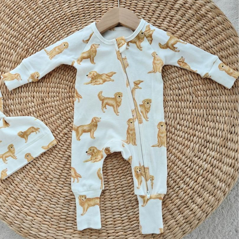 Smitten Bub Co Golden Retriever Full Zip Unisex Romper