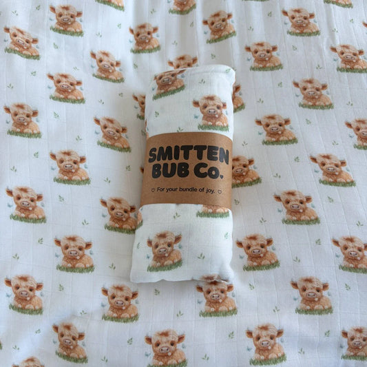 Smitten Bub Co Highland Cow Bamboo Cotton Muslin Swaddle