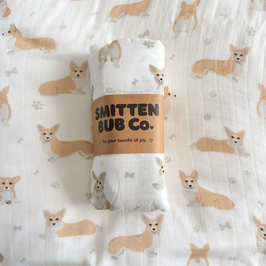 Smitten Bub Co Corgi Bamboo Cotton Muslin Swaddle