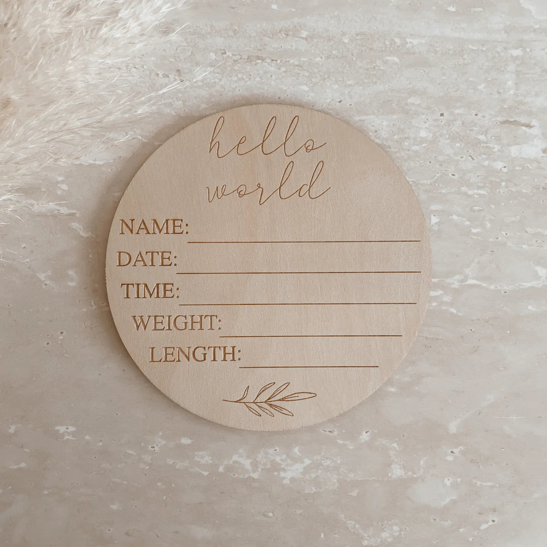 Blossom & Pear ‘Hello World’ + Birth Details Etched Wooden Plaque Leaf