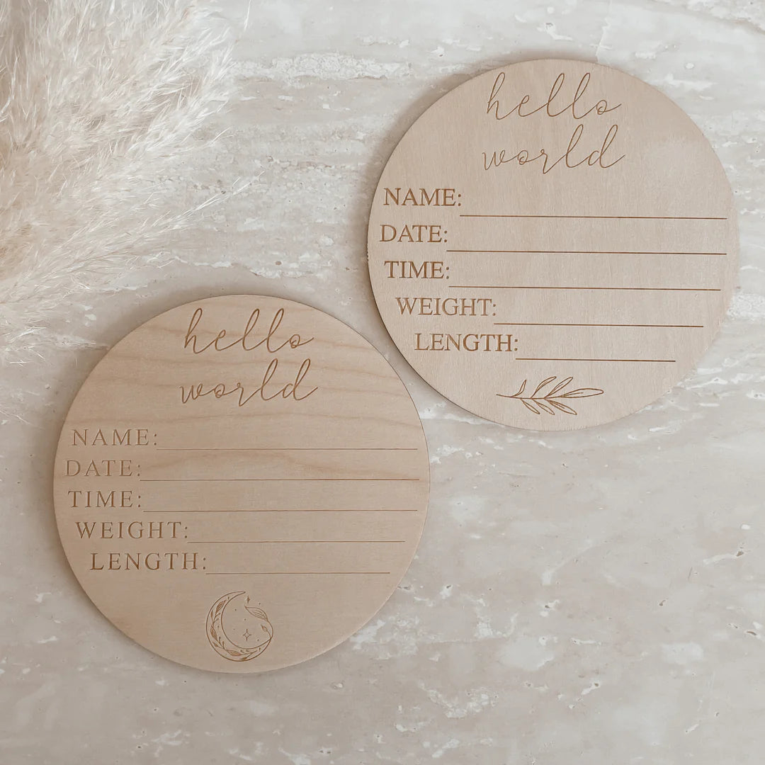 Blossom & Pear ‘Hello World’ + Birth Details Etched Wooden Plaque Leaf