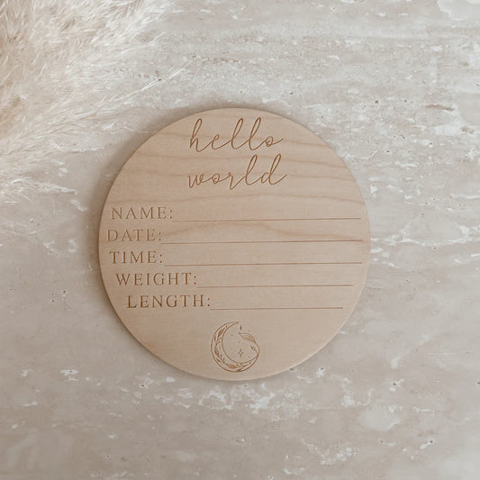 Blossom & Pear ‘Hello World’ + Birth Details Etched Wooden Plaque Moon