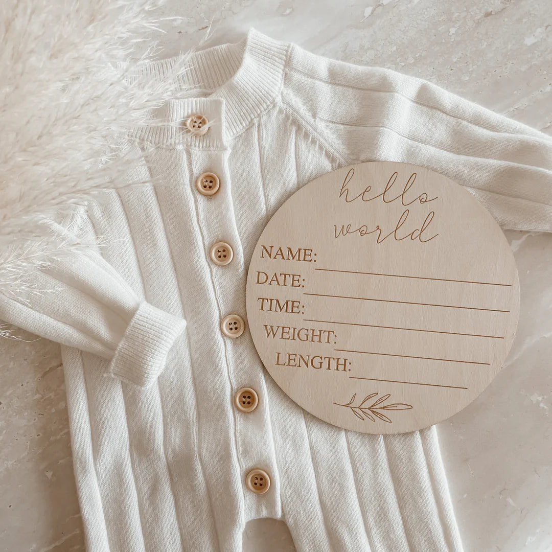 Blossom & Pear ‘Hello World’ + Birth Details Etched Wooden Plaque Leaf