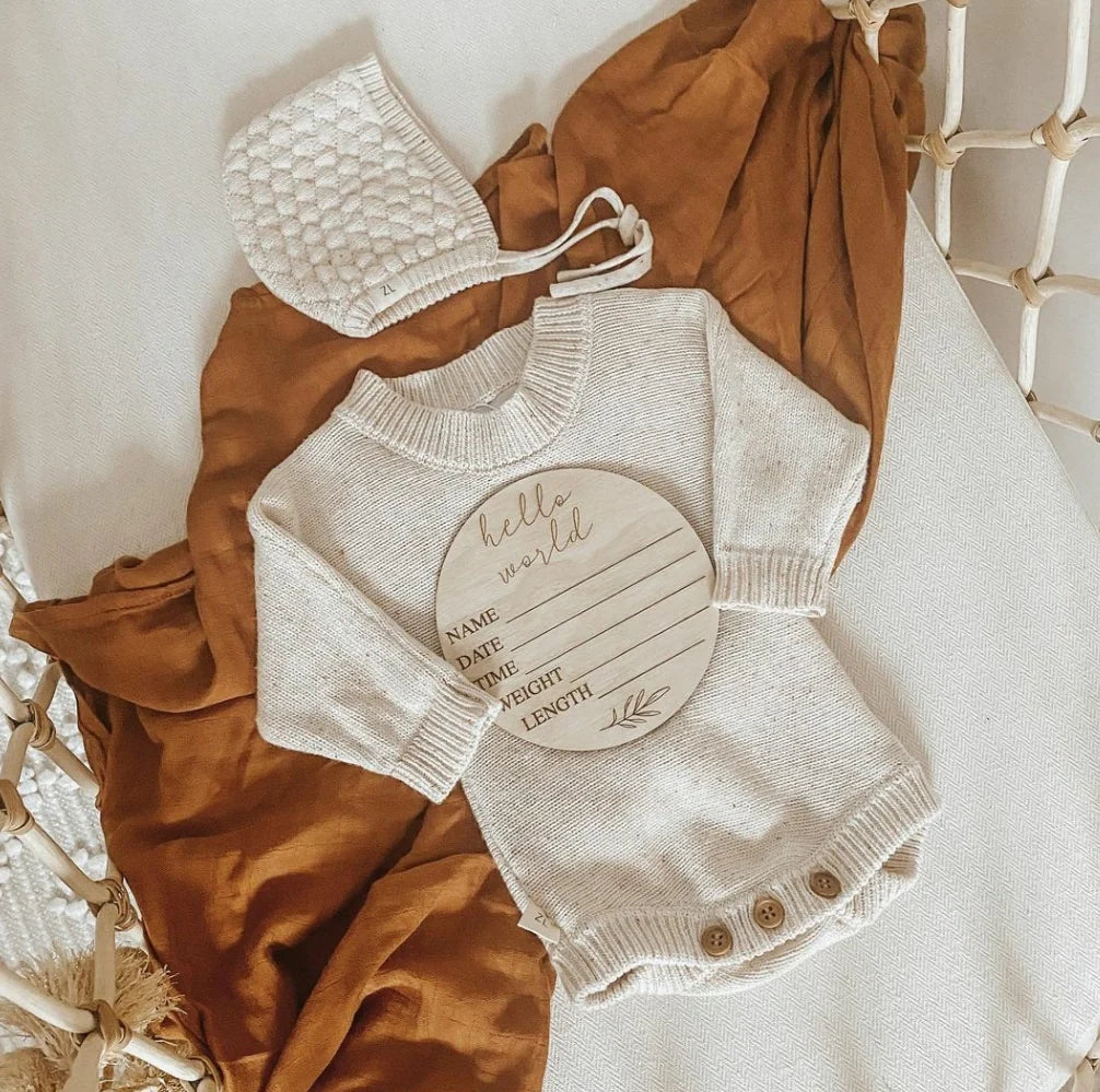 Blossom & Pear ‘Hello World’ + Birth Details Etched Wooden Plaque Leaf