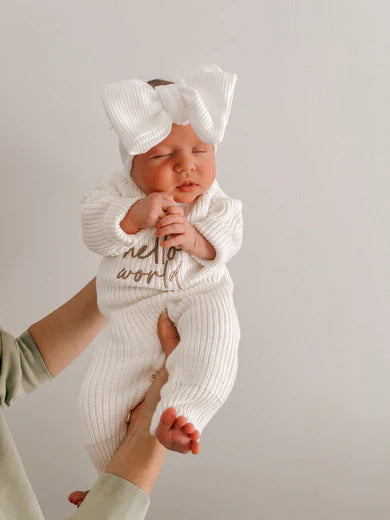 Petite + Co ‘Hello World’ Long Ribbed Romper Milk